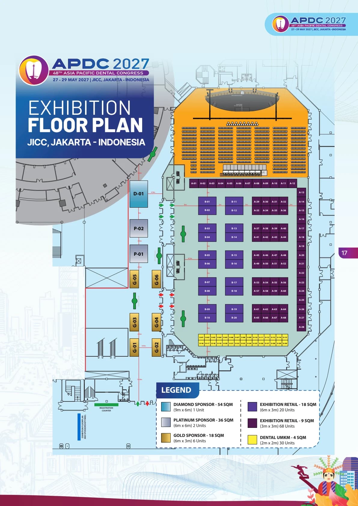 APDC 2027 exhibition floor plan at JICC showing booth locations, registration counter, main stage, and sponsorship legend